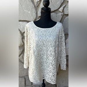 TALBOTS Crochet Lace Top Size 18W Ivory 3/4 Sleeves Lined Excellent‎ Condition